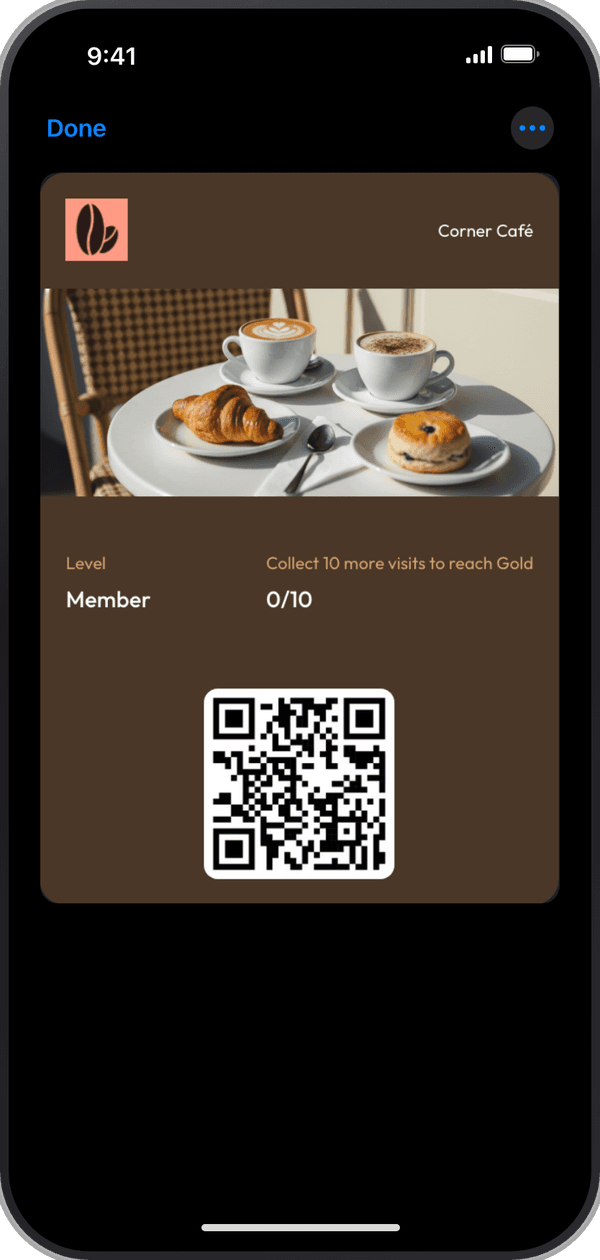 Corner Café Club's card open in Apple Wallet