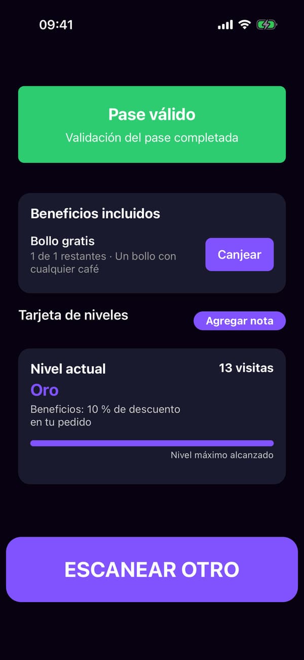La app de escáner tras escanear la tarjeta Oro de Lena, con su bollo gratis