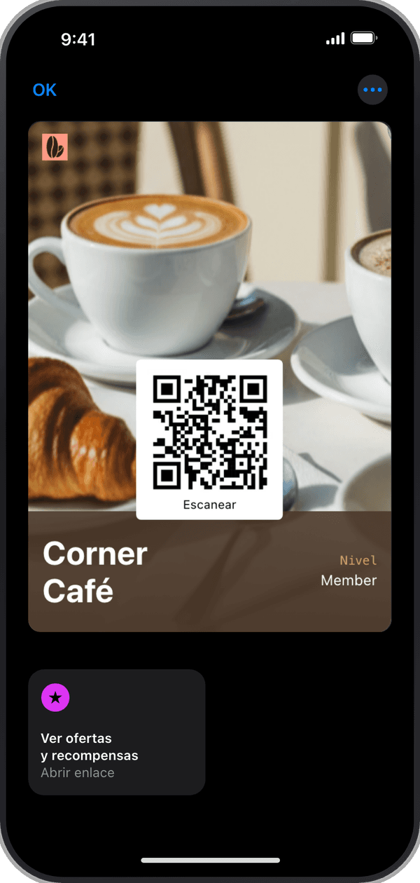 La tarjeta de Corner Café Club abierta en Apple Wallet