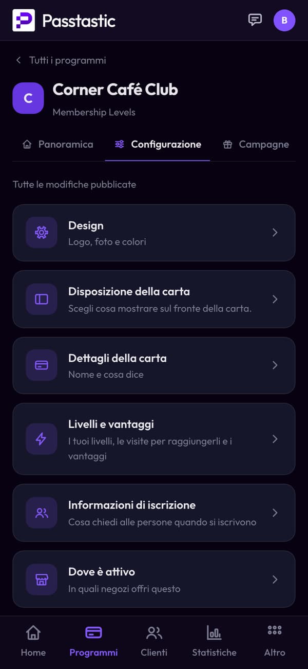 Corner Café Club nella dashboard, con anteprima in tempo reale della carta