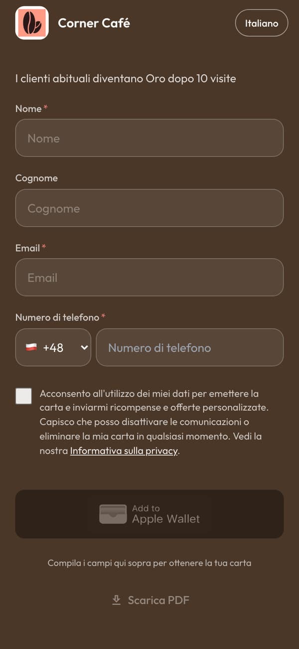 La pagina di iscrizione su un telefono: il modulo di Corner Café Club, con il pulsante Aggiungi a Apple Wallet
