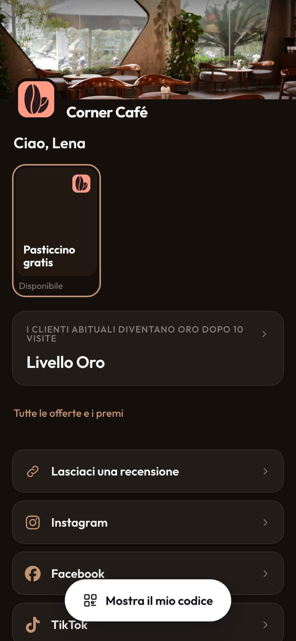 L’app di Corner Café: Ciao Lena, il suo pasticcino gratis e il suo livello Oro