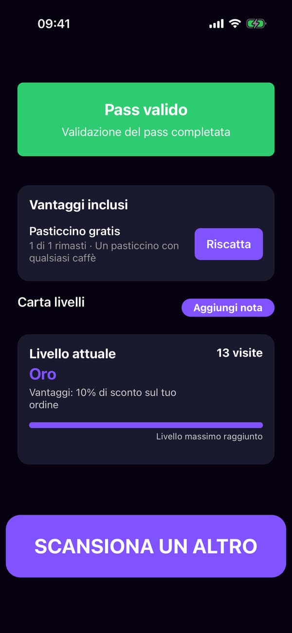 L’app scanner dopo aver scansionato la carta Oro di Lena, con il suo pasticcino gratis