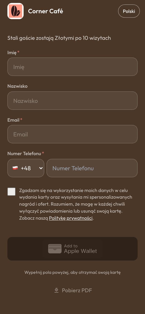 Strona zapisu na telefonie: formularz Corner Café Club, z przyciskiem Dodaj do Apple Wallet