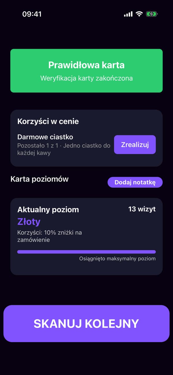 Aplikacja skanera po zeskanowaniu Złotej karty Leny, z jej darmowym ciastkiem