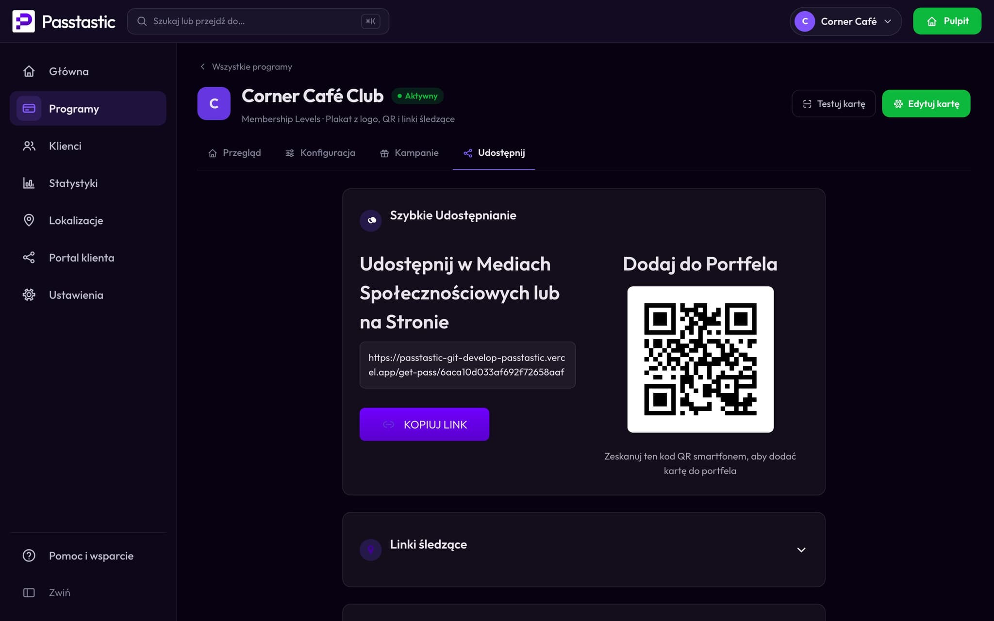 Zakładka Udostępnij Corner Café Club z kodem QR