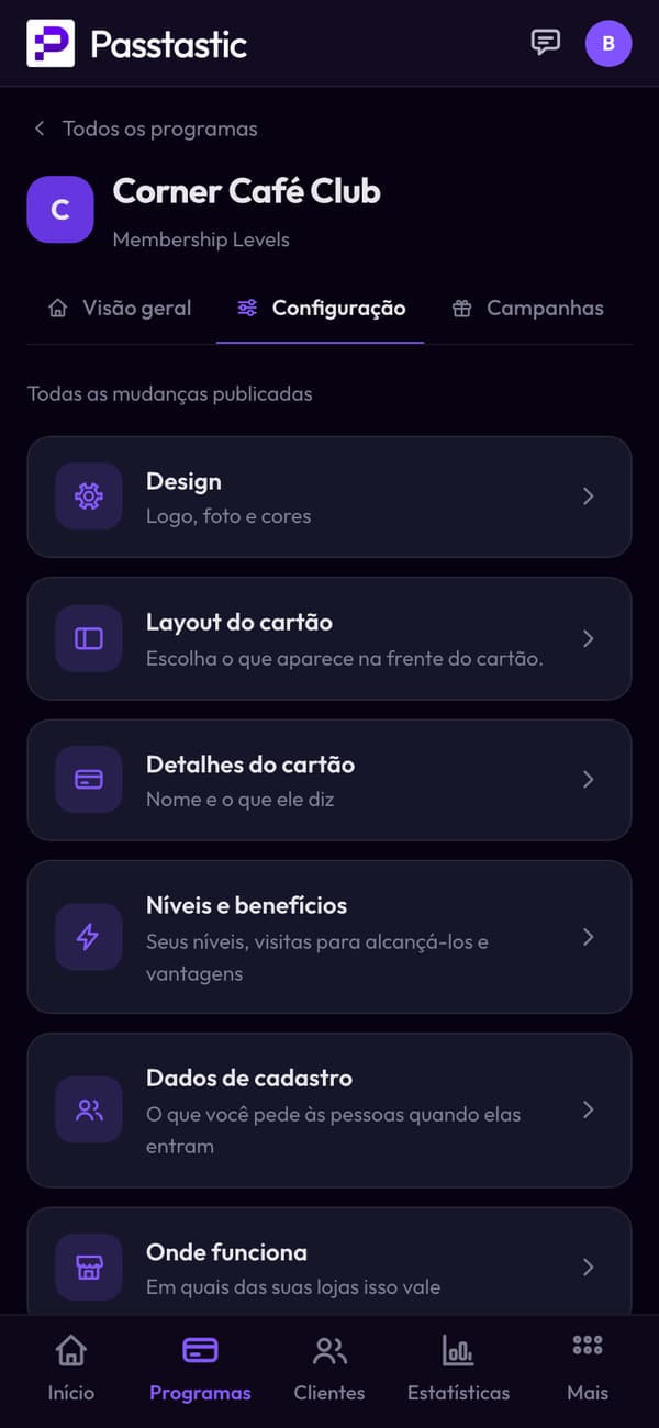 Corner Café Club no painel, com prévia ao vivo do cartão