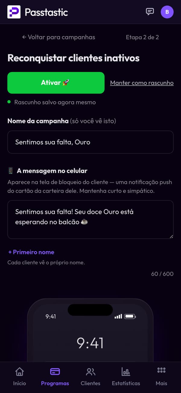 A campanha Sentimos sua falta, Ouro, com prévia da tela bloqueada
