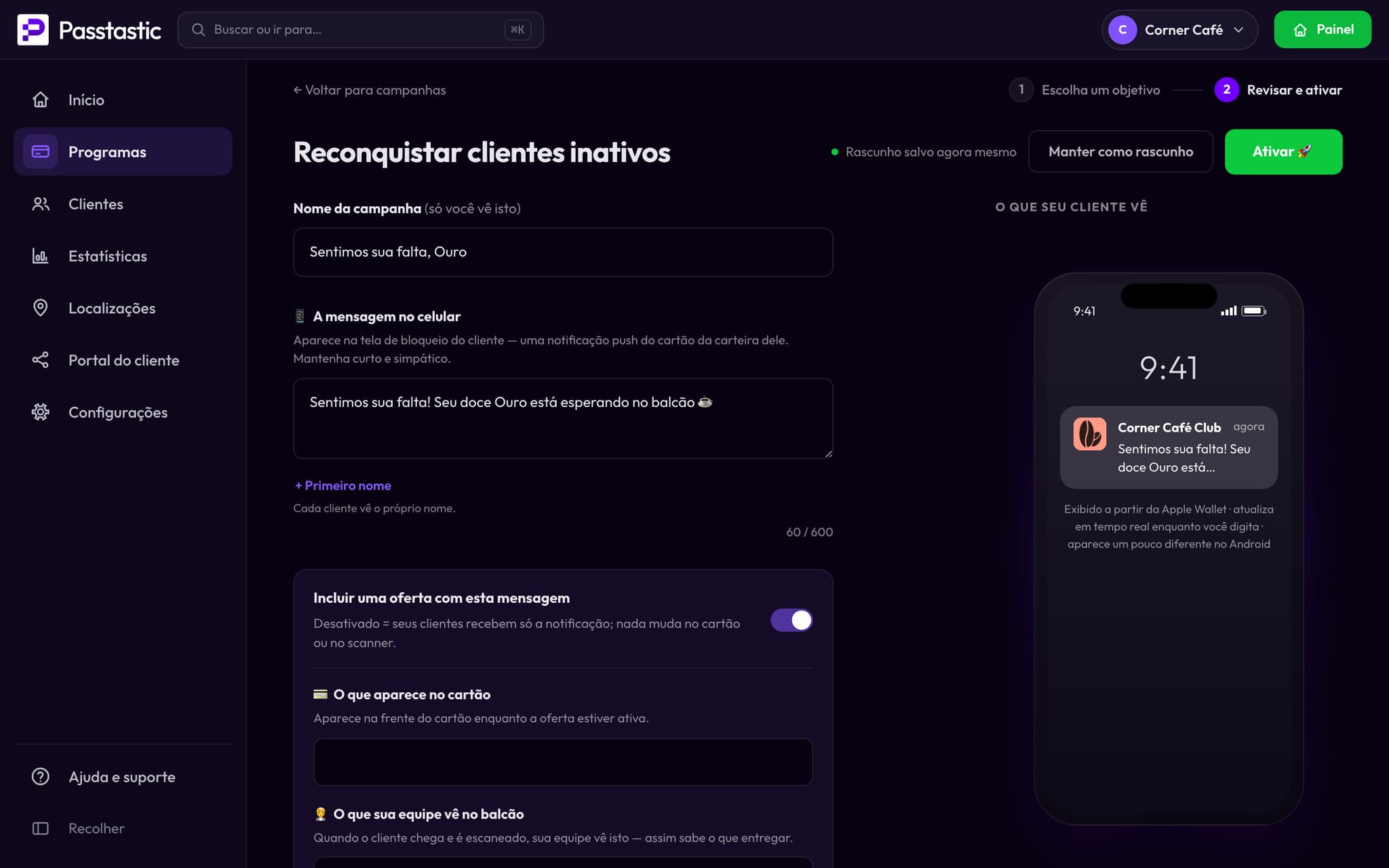 A campanha Sentimos sua falta, Ouro, com prévia da tela bloqueada