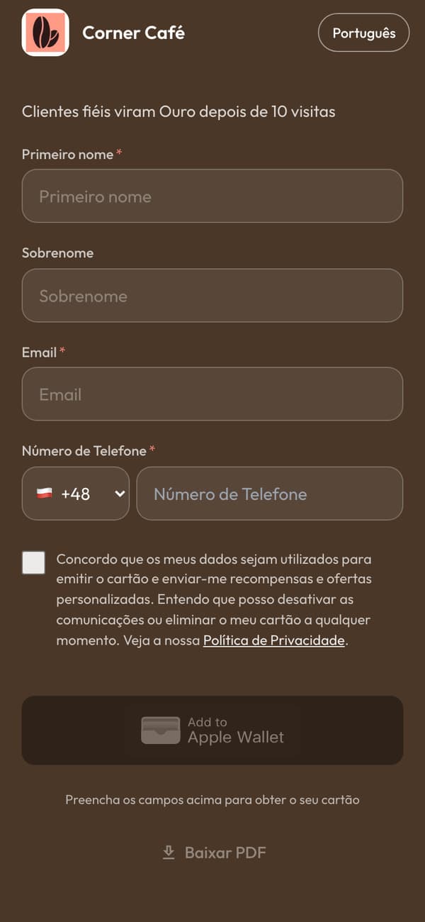 A página de cadastro em um celular: o formulário do Corner Café Club, com o botão Adicionar à Apple Wallet