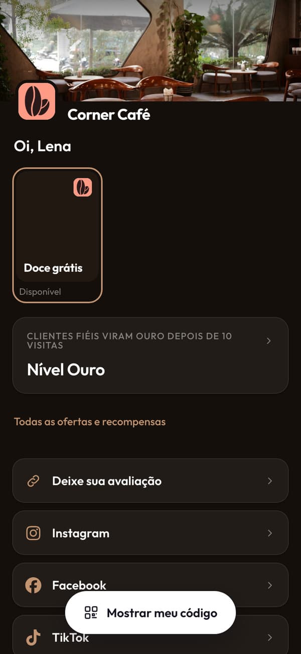 O aplicativo do Corner Café: Oi, Lena, o doce grátis dela e o nível Ouro