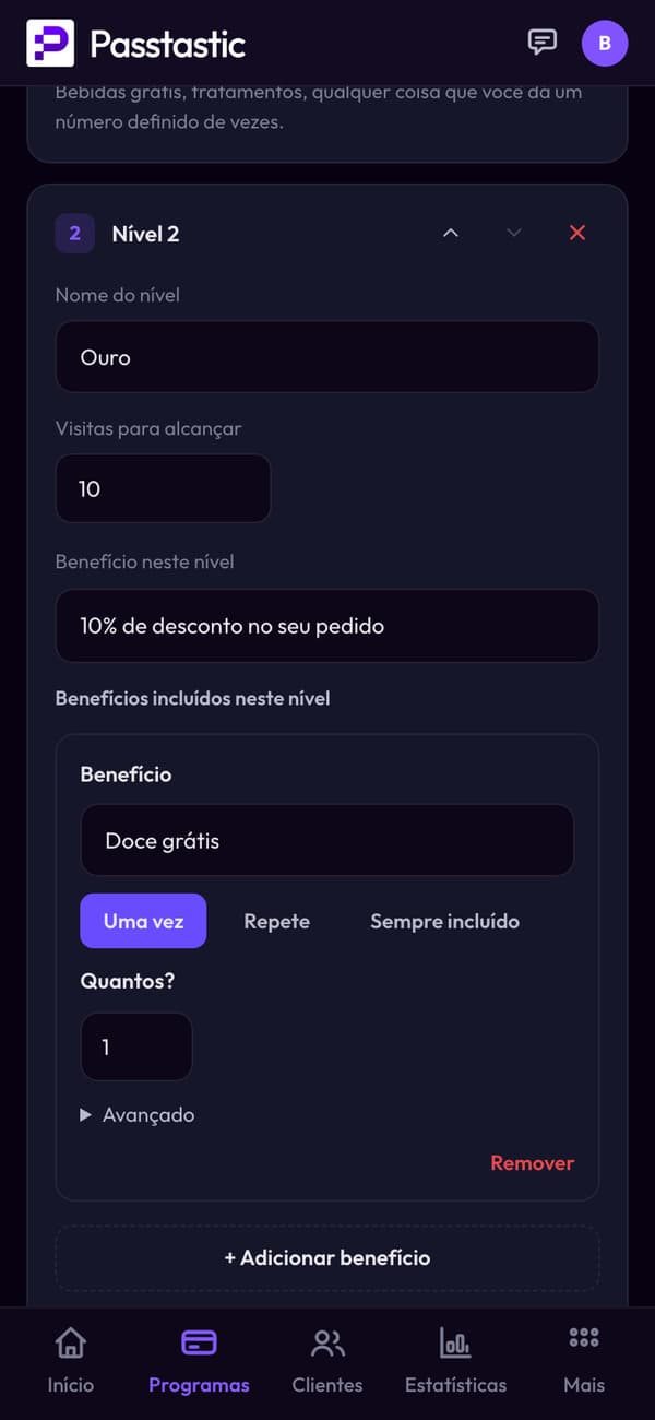 Níveis e vantagens: Ouro depois de 10 visitas, 10% de desconto no pedido e um doce grátis incluído