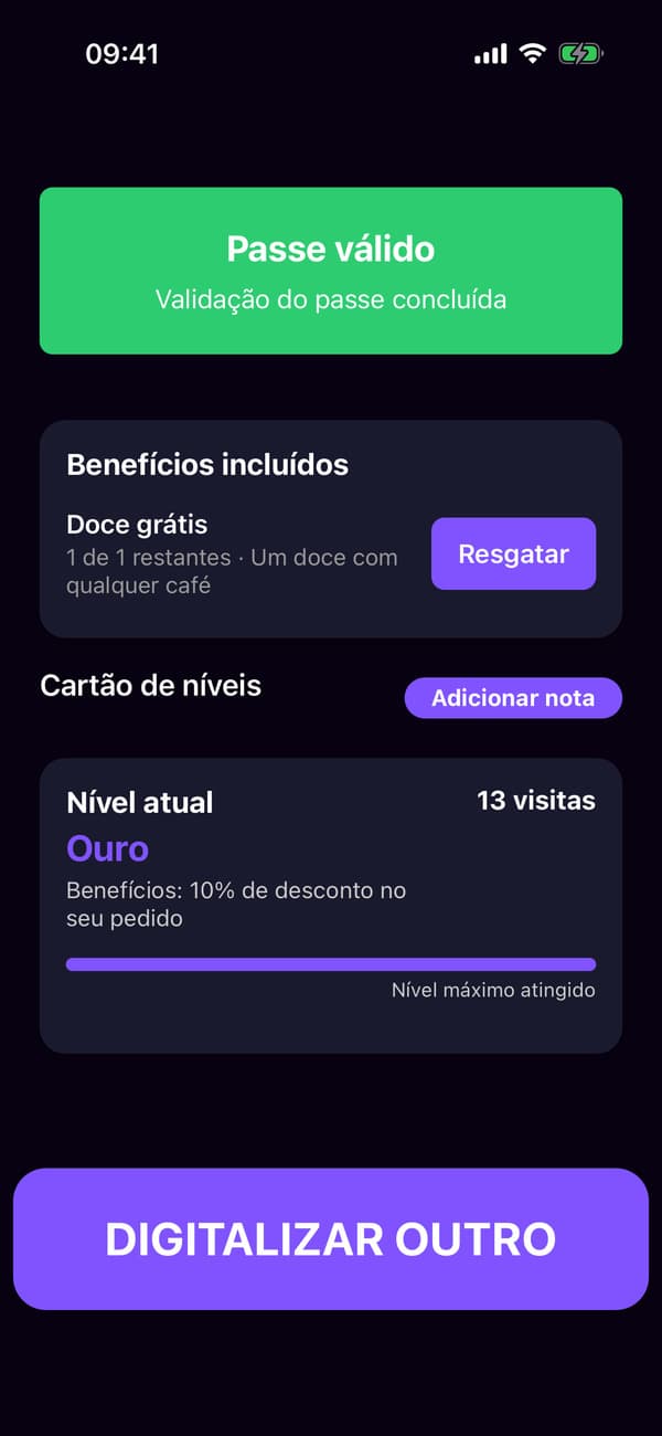 O aplicativo leitor depois de ler o cartão Ouro da Lena, com o doce grátis dela