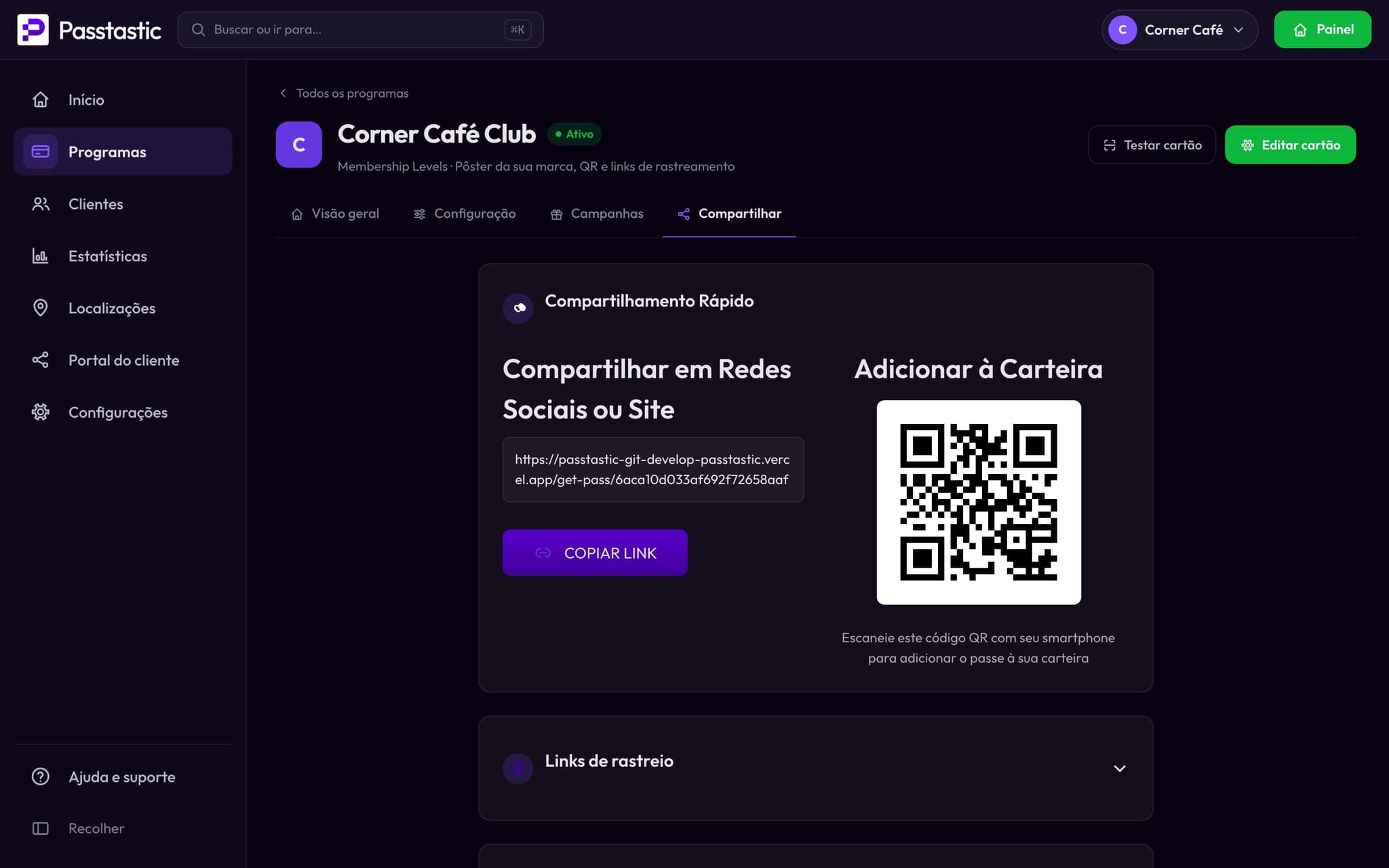 A aba Compartilhar do Corner Café Club com o QR code