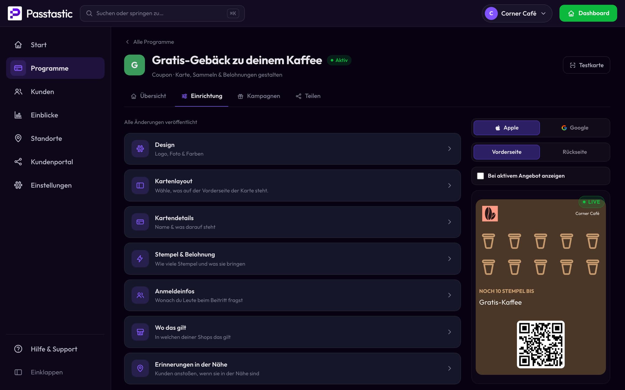 Der Gebäck-Gutschein im Dashboard, mit Live-Vorschau der Stempelkarte, zu der er wird