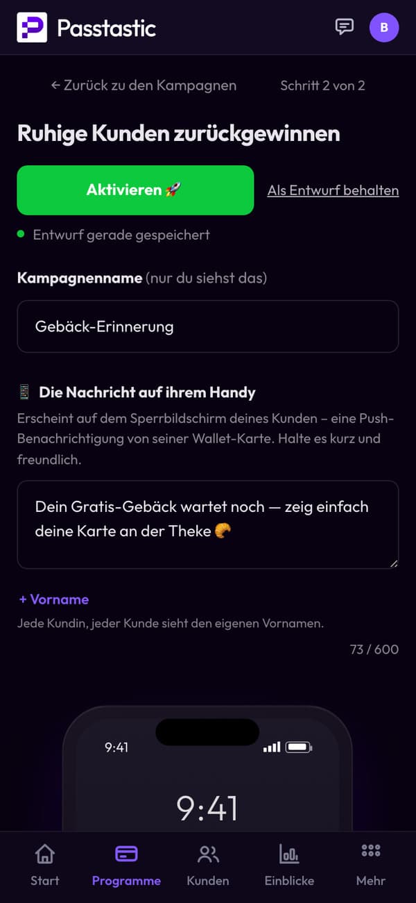 Die Kampagne „Gebäck-Erinnerung“ mit Vorschau des Sperrbildschirms