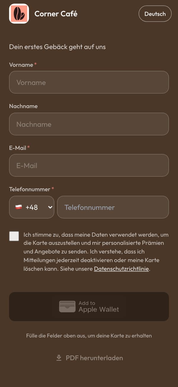 Die Anmeldeseite auf einem Handy: „Dein erstes Gebäck geht auf uns“, mit dem Button „Zu Apple Wallet hinzufügen“