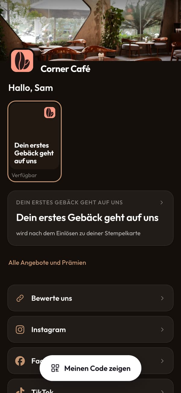 Der Gebäck-Gutschein im Dashboard, mit Live-Vorschau der Stempelkarte, zu der er wird