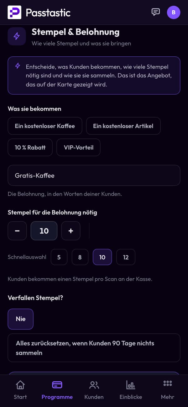 Stempel & Prämie der Karte, zu der der Gutschein wird: 10 Stempel für einen Gratis-Kaffee