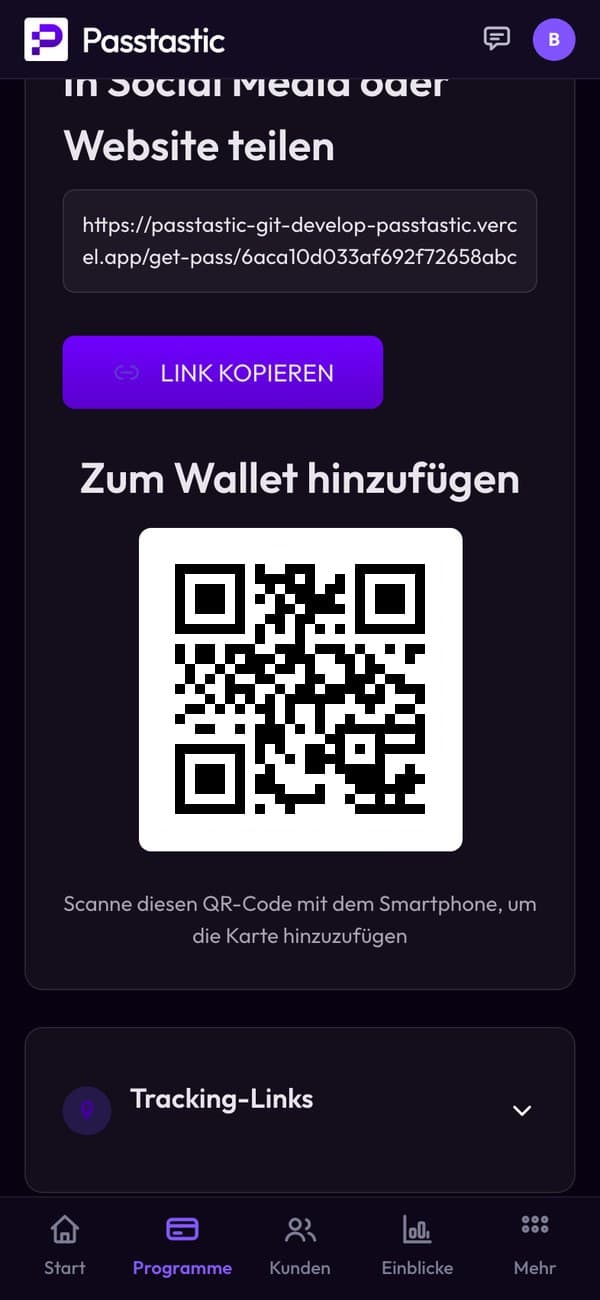 Der Tab „Teilen“ des Gebäck-Gutscheins mit seinem QR-Code