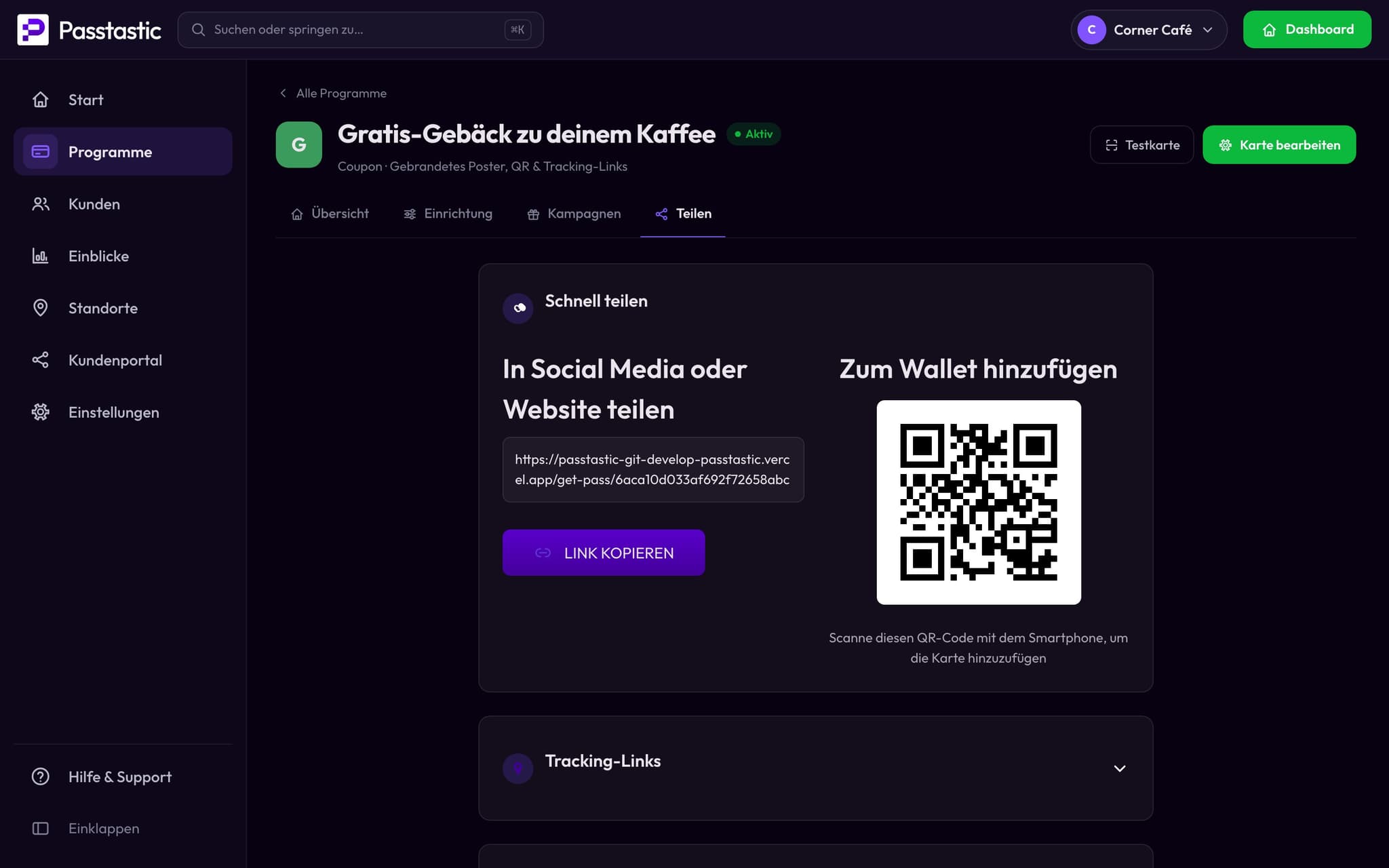 Der Tab „Teilen“ des Gebäck-Gutscheins mit seinem QR-Code
