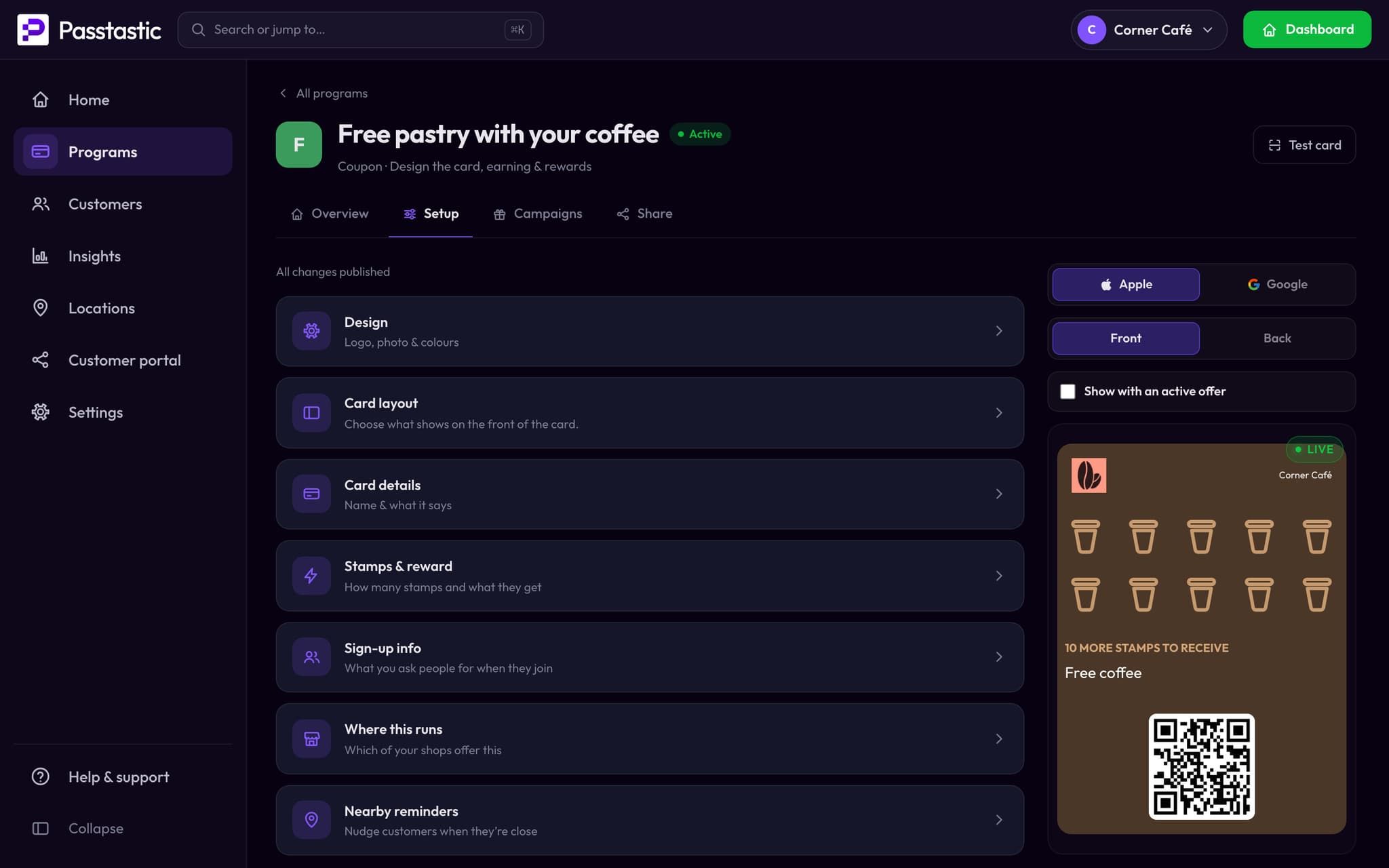 The pastry coupon in the dashboard, with a live preview of the stamp card it turns into