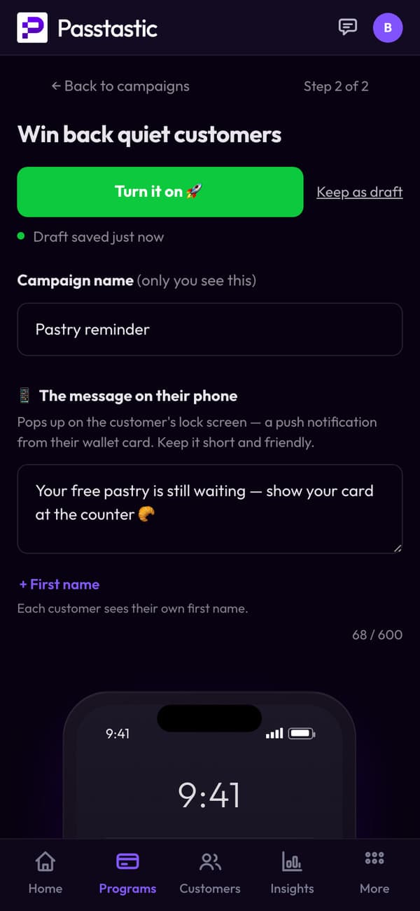 The Pastry reminder campaign, with a lock-screen preview