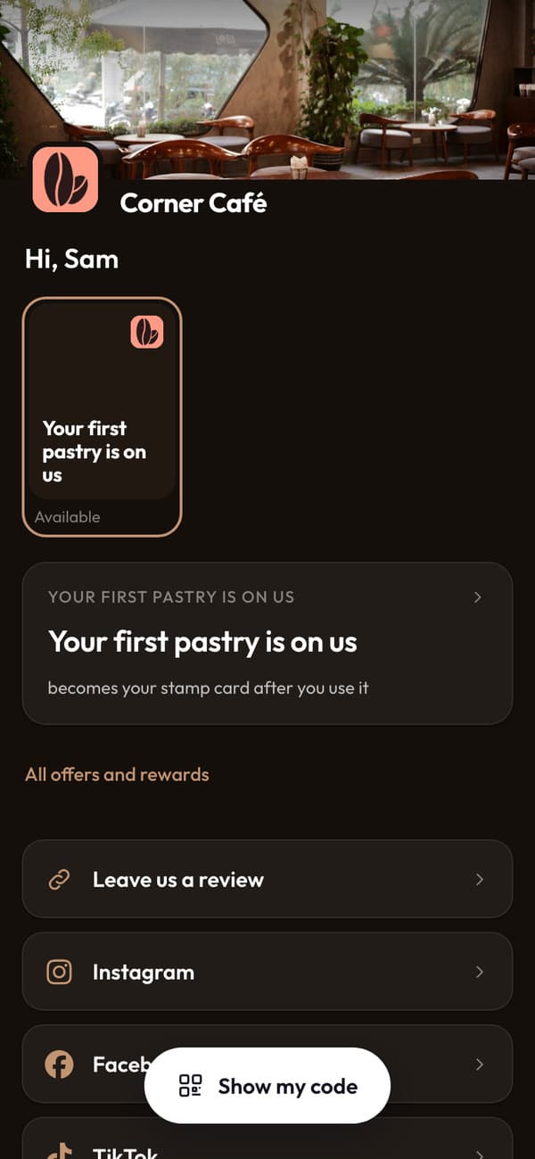 The pastry coupon in the dashboard, with a live preview of the stamp card it turns into