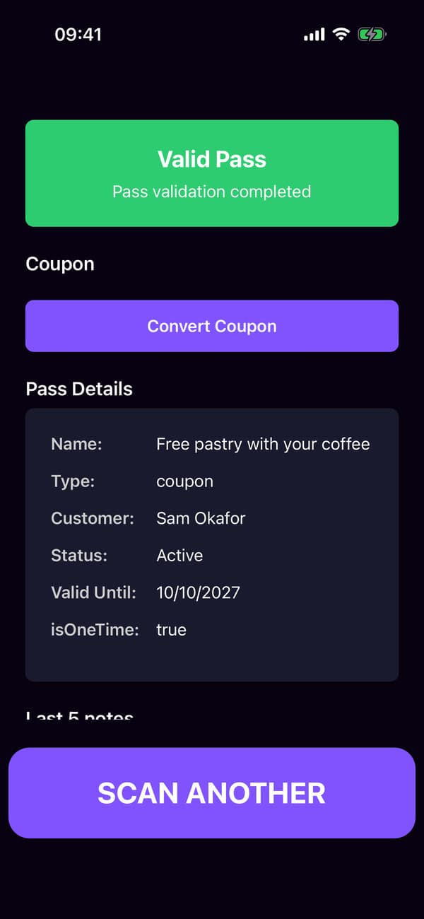 The scanner app after scanning Sam's coupon, with the redeem button