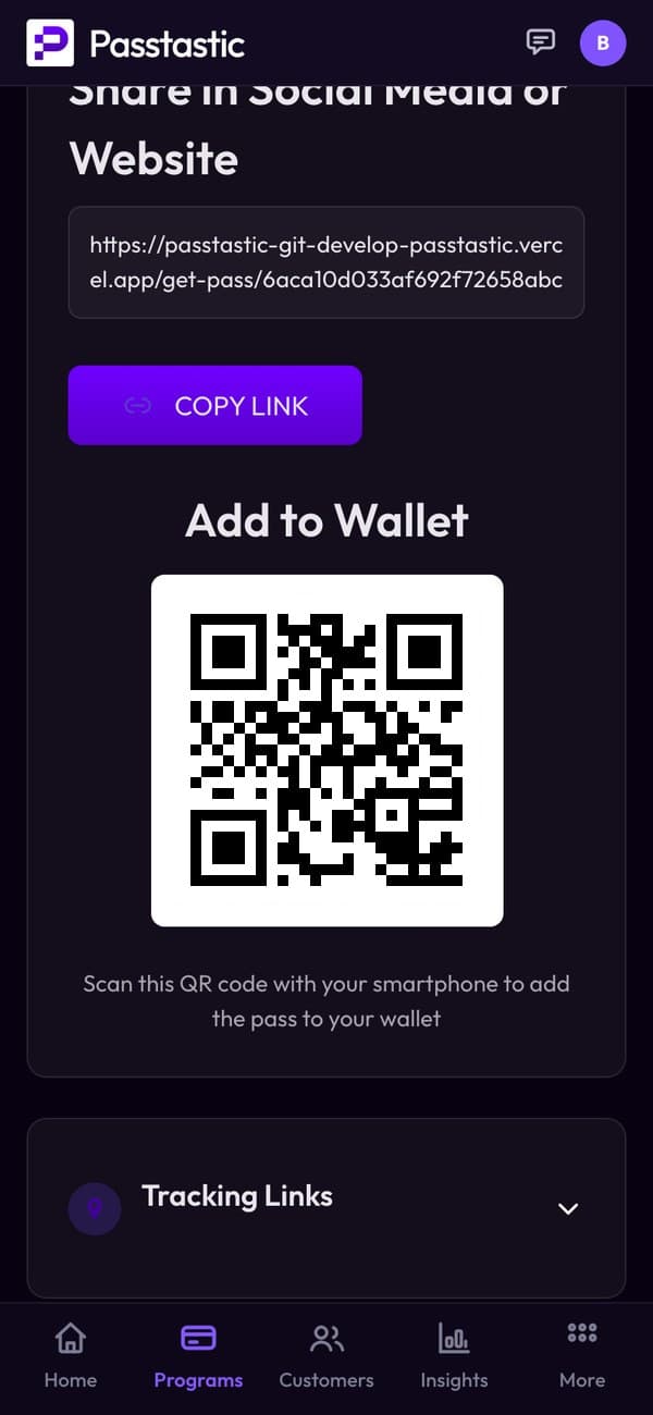 The Share tab of the pastry coupon with its QR code