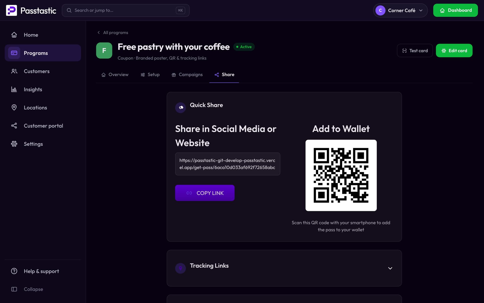 The Share tab of the pastry coupon with its QR code