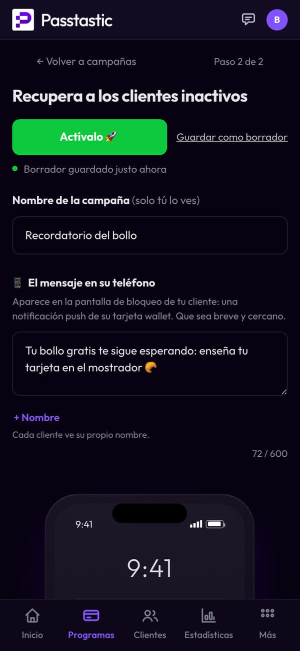 La campaña Recordatorio del bollo, con vista previa de la pantalla de bloqueo
