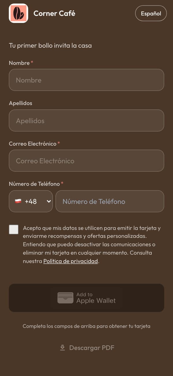 La página de alta en un móvil: «Tu primer bollo invita la casa», con el botón Añadir a Apple Wallet