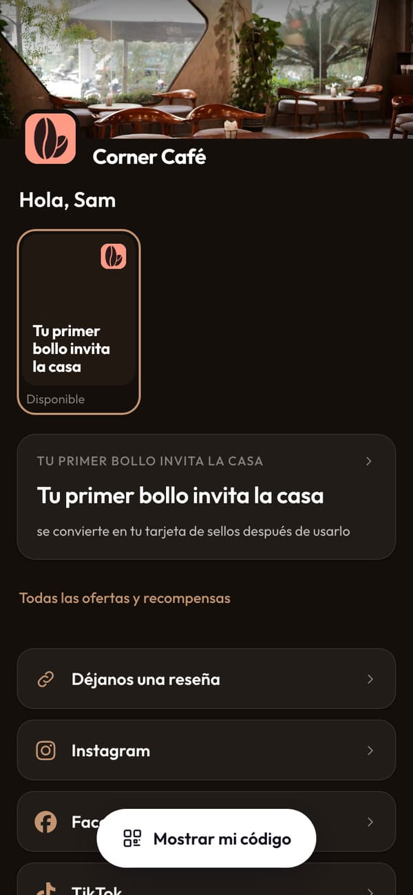 El cupón del bollo en el panel, con vista previa en vivo de la tarjeta de sellos en la que se convierte