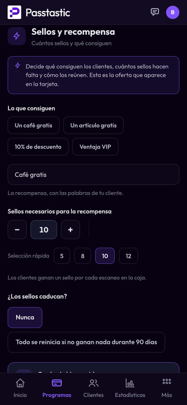 Sellos y recompensa de la tarjeta en la que se convierte el cupón: 10 sellos para un café gratis