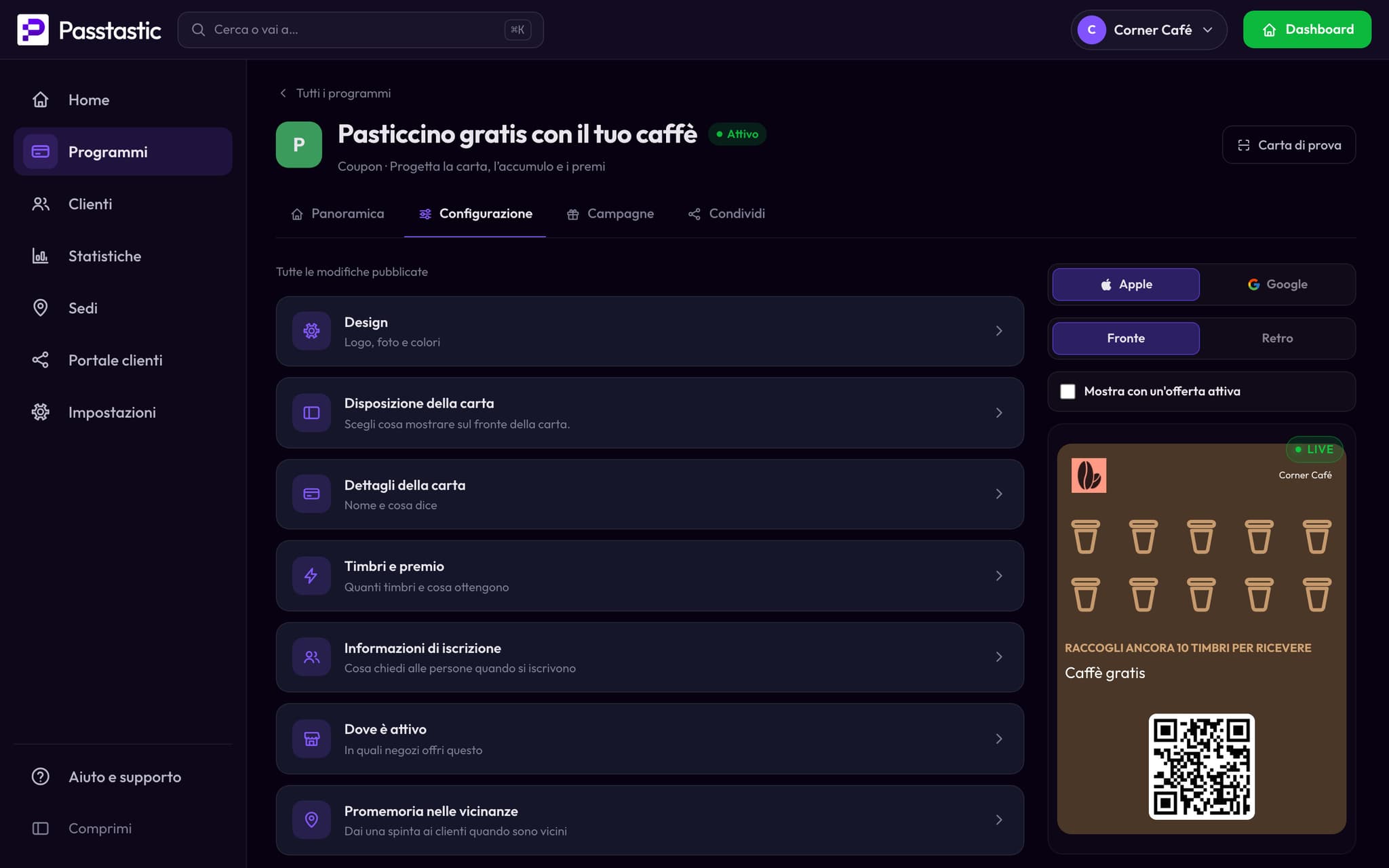 Il coupon del pasticcino nella dashboard, con l’anteprima della carta a timbri che diventa