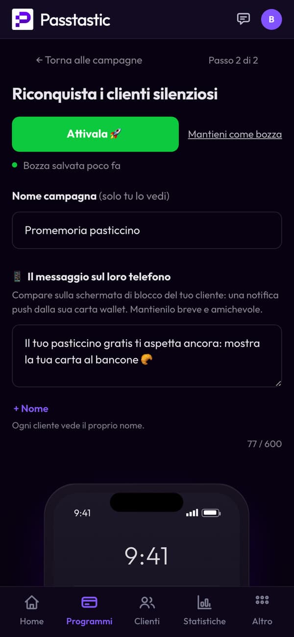 La campagna Promemoria pasticcino, con anteprima della schermata di blocco