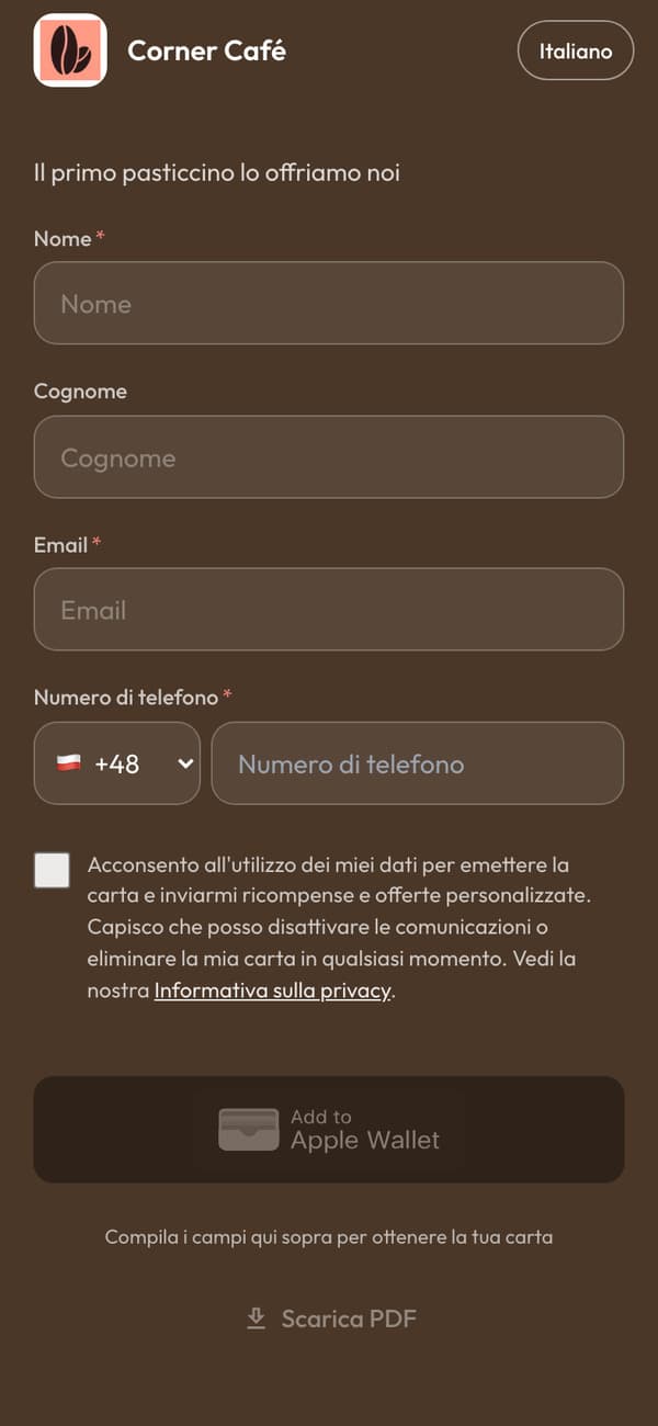 La pagina di iscrizione su un telefono: «Il primo pasticcino lo offriamo noi», con il pulsante Aggiungi a Apple Wallet