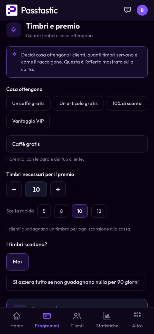 Timbri e premio della carta che diventa il coupon: 10 timbri per un caffè gratis