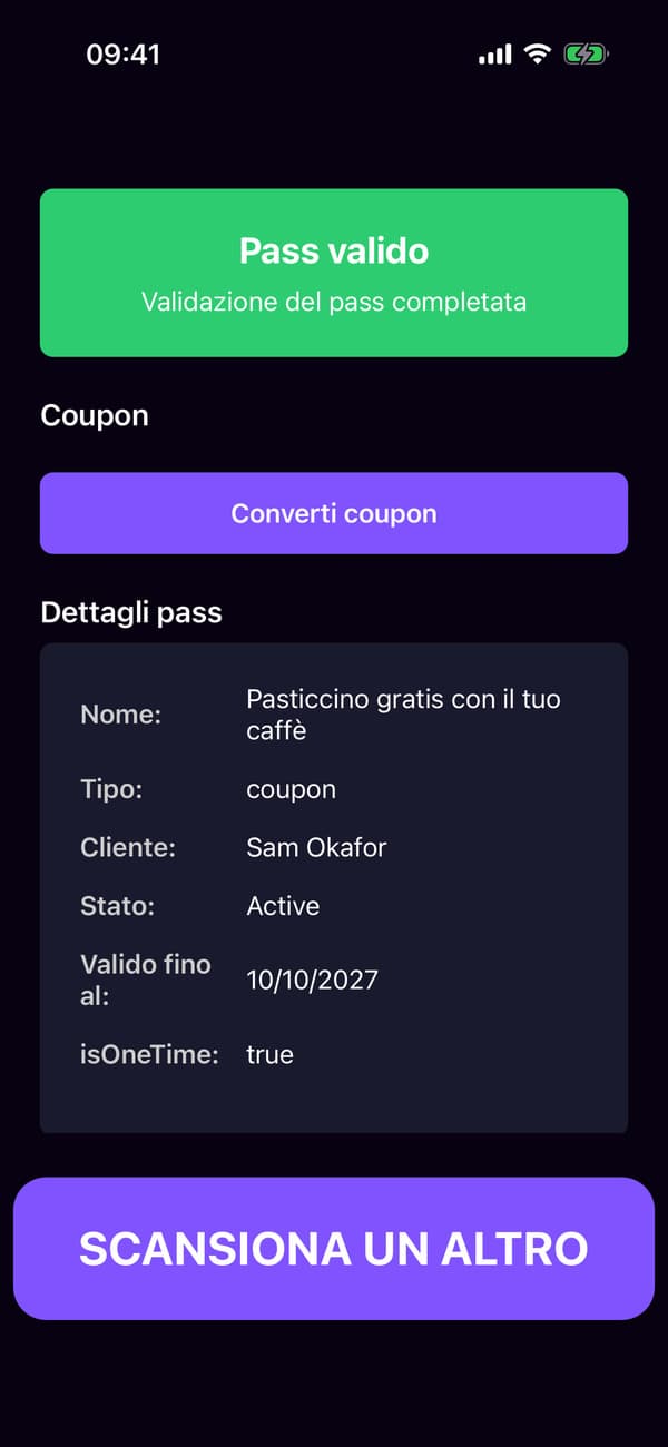L’app scanner dopo aver scansionato il coupon di Sam, con il pulsante Riscatta