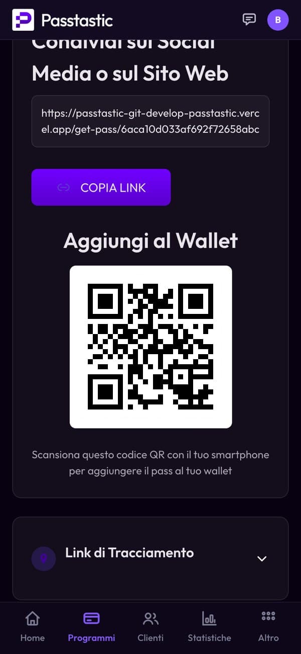 La scheda Condividi del coupon del pasticcino con il suo codice QR
