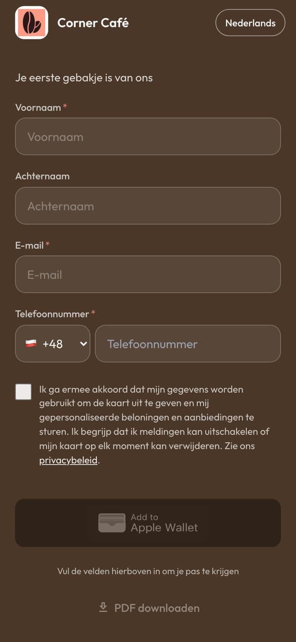 De aanmeldpagina op een telefoon: “Je eerste gebakje is van ons”, met de knop Voeg toe aan Apple Wallet