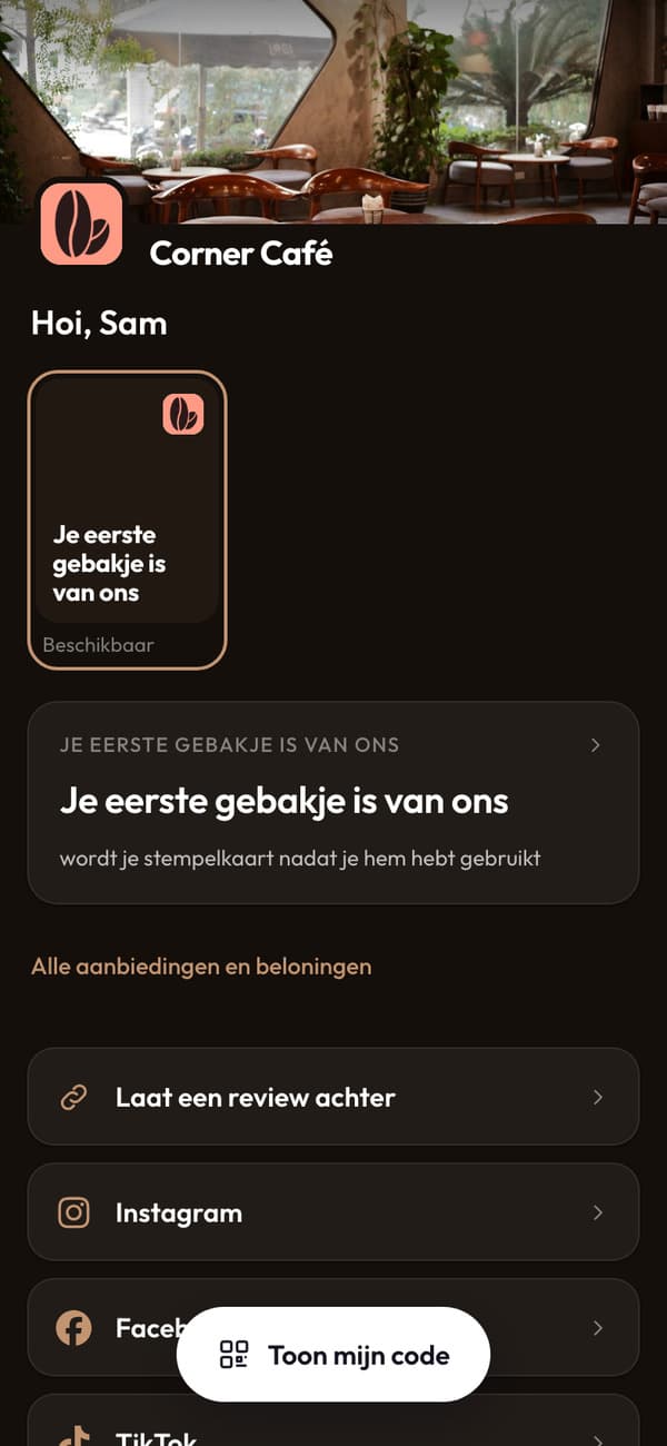 De gebakjesbon in het dashboard, met live voorbeeld van de stempelkaart die hij wordt