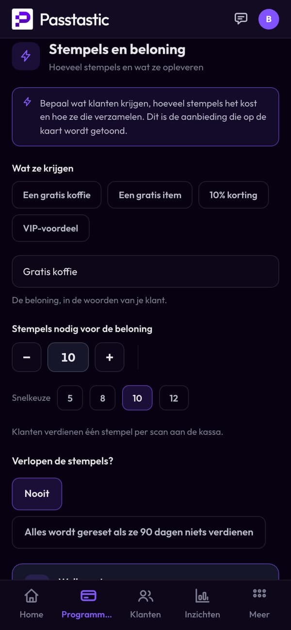 Stempels en beloning van de kaart die de bon wordt: 10 stempels voor een gratis koffie