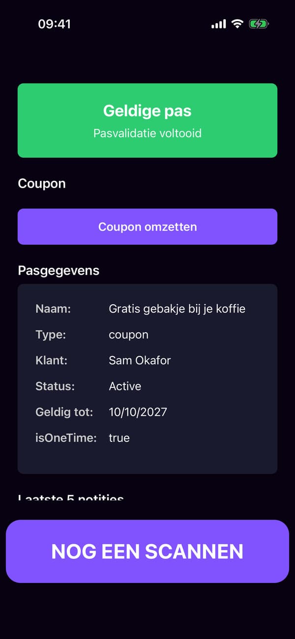 De scanner-app na het scannen van Sams bon, met de knop Inwisselen