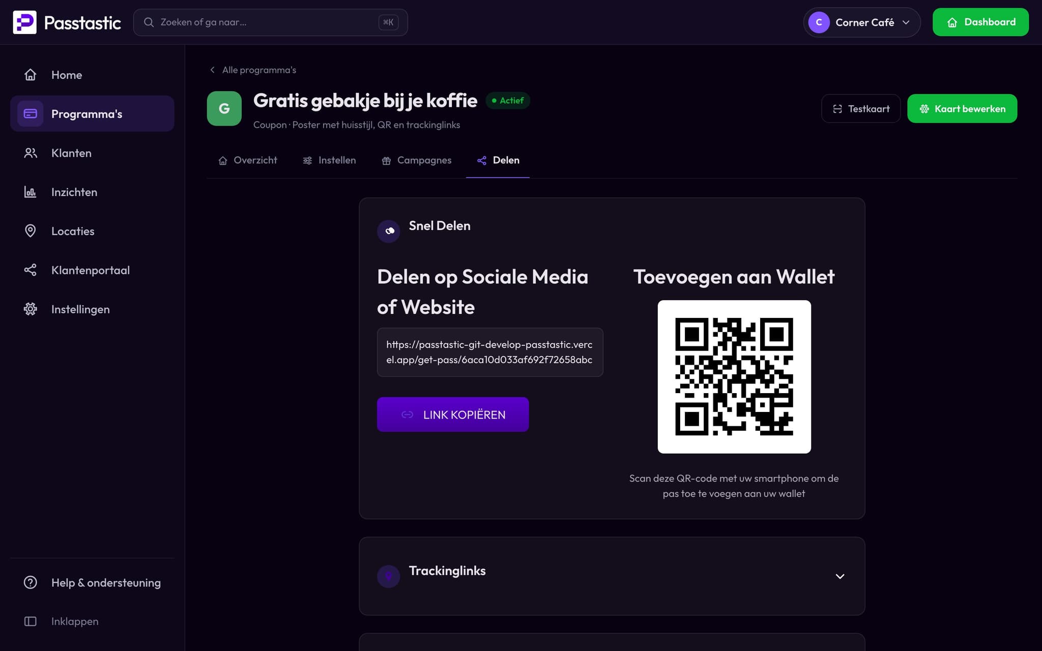 Het tabblad Delen van de gebakjesbon met de QR-code