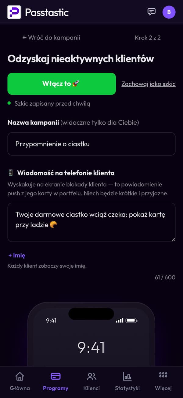 Kampania Przypomnienie o ciastku, z podglądem ekranu blokady
