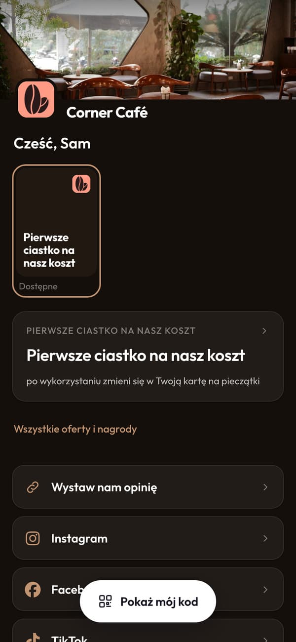 Kupon na ciastko w panelu, z podglądem karty na pieczątki, w którą się zamienia