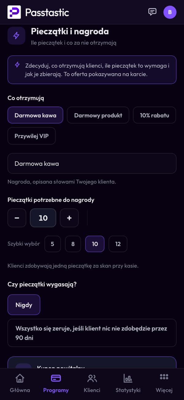 Pieczątki i nagroda karty, w którą zamienia się kupon: 10 pieczątek za darmową kawę