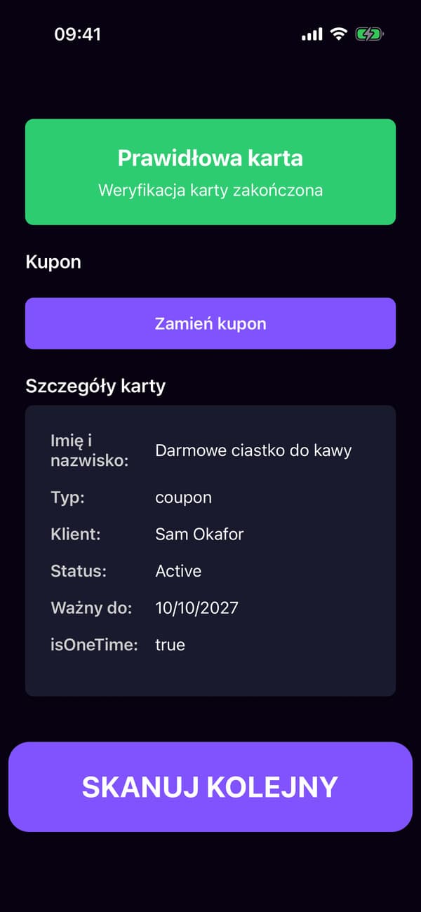 Aplikacja skanera po zeskanowaniu kuponu Sama, z przyciskiem Zrealizuj